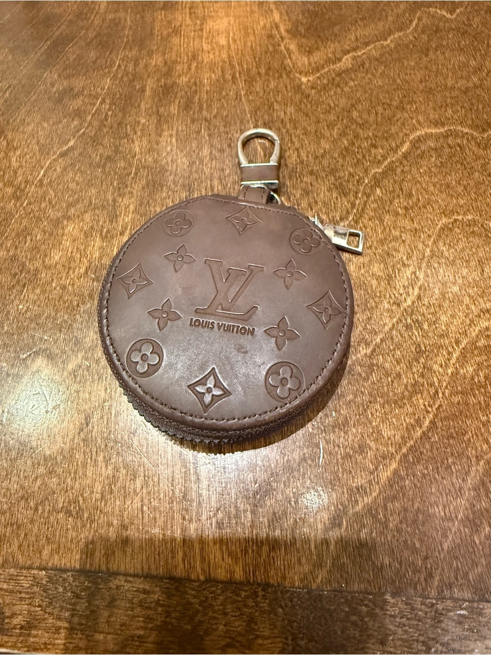 Leather Round Coin Case in Brown with Gold Hardware
